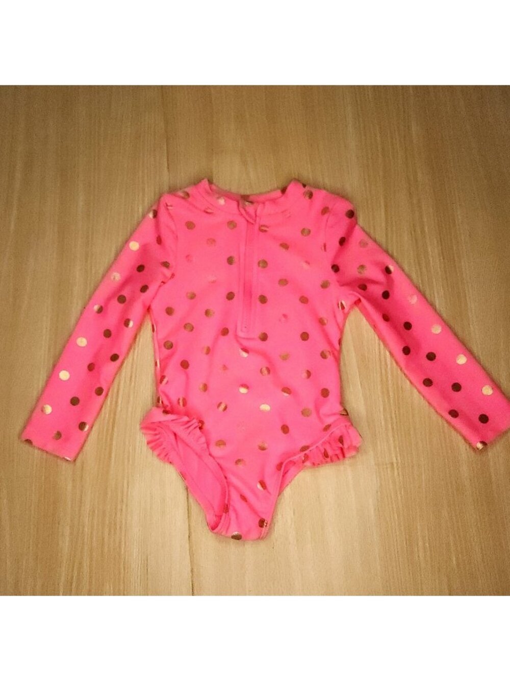Wonder Nation Toddler Girls Pink Long Sleeve Swimsuit Gold Polka-dot 18 Months
